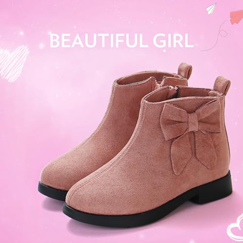 Girl's Ankle Boots Faux Fur Lined Side Zipper Short Booties Low Block Heel Bow Short Boots Snow Winter Dress Shoes4