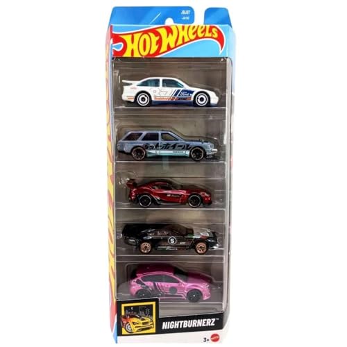 Image of Hot Wheels Car 2025 Nightburnerz Pack of 5 (87 Ford Sierra Cosworth, Nissan Maxima Drift Car, 20 Toyota GR Supra, Dimachinni, Subaru WRX STi) Multi - Color, 3+ Years