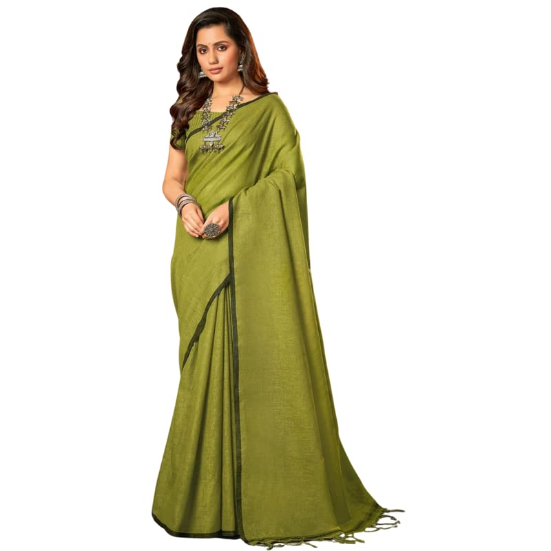 SUBHASH Women's Mehendi Linen Brasso Saree with Blouse Piece | Vikram Vedha Movie Collection, Mehendi, One Size