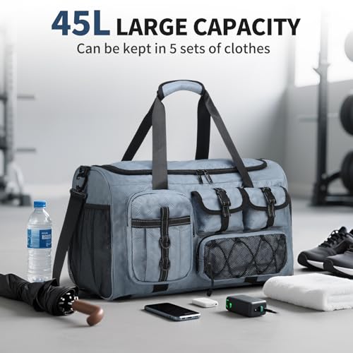 Gym Bag for Men Women, 40L Sport Duffel Bag, Anti-Theft Overnight Backpack W/Shoe Compartment for Fitness Travel, Light Blue3