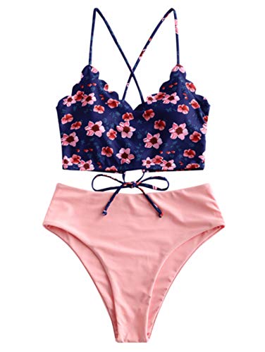 ZAFUL Women's Floral Leaf Print Lace-up Criss Cross Tankini Set High Waisted Scoop Collar Padded Bathing Suit (XX-Large, Rose)