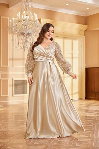 Image of XUIBOL Plus Size Women's Sequin Patchwork Long Sleeve Evening Party Dress Champagne 20