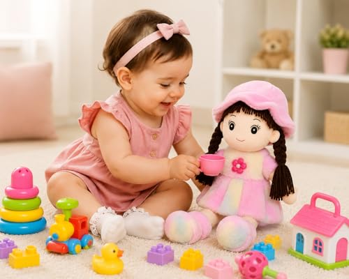 Image of Soft Plush Doll for Kids | Cute Rag Doll with Braided Hair & Cap | Washable Stuffed Toy for Girls & Boys | Birthday Gift for Kids (Multicolor) (Multicolor Fur Doll 42 cm)