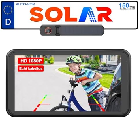 AUTO-VOX Cámara Solar Inalámbrica Marcha Atrás con Monitor 1080P de 5'': Batería 5000 MAh, Instalación en 2 Min, Cámara de Marcha Atrás Impermeable IP...
