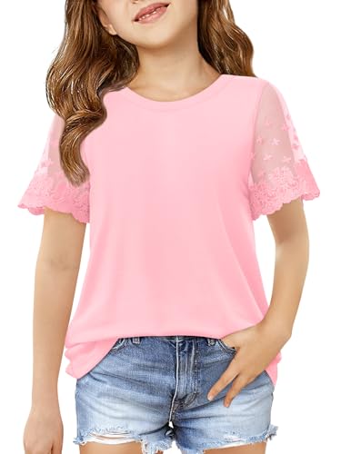 Image of Haloumoning Girls Lace Short Sleeve T Shirts Kids Summer Crewneck Tunic Tops Curved Hem 5-14 Years
