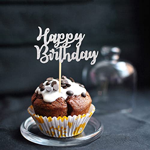 Arthsdite Pack Of 48 Pre-Assembled Silver Glitter Happy Birthday Cupcake Toppers Cake Food Fruit Picks For Celebrating Birthday Party Decoration Supplies #TOP3