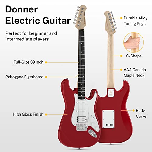 Donner Dst-100R 39 Inch Electric Guitar Beginner Kit Solid Body Full Size Red Hss Pick Up For Starter & Donner Guitar Cable 10 Ft 2 Pack #TOP1