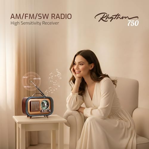 Image of IBELL Rhythm 750 Retro Bluetooth Speaker with 3 Band AM /FM /SW Radio, AUX Input, USB & TF Card Slot, Telescopic Antenna, Dynamic Light, Portable Wireless Music System, DC 5V Power (Wood Finish)