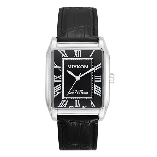Miykon Men Vintage Tank Dress Watch, Genuine Leather Strap, Water Resistant, Roman, Silver Case, Black Dial, 38mm, The style of the this watch is a classic and vintage-inspired style, combining a