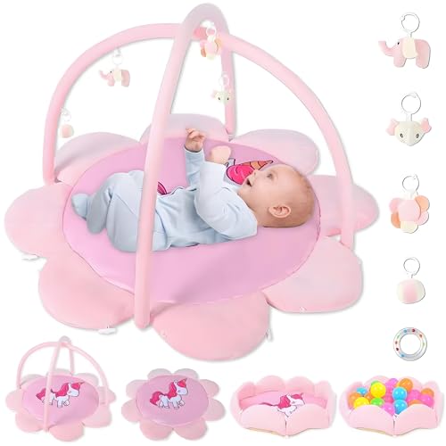 Image of Pink Unicorn Thickened Plush Baby Play Gym & Activity Mat，Softer & Enlarged Tummy Time Mat 5 Detachable Toys for Sensory & Motor Skill Development，Newborn Infant Baby Essentials G1ft