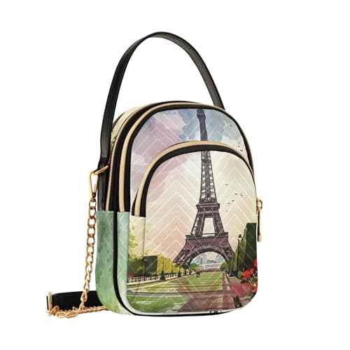 Women Single Shoulder Purse Colorful Phone Bags with Chain Strap Quilted Designer Satchel Crossbody Bag Painting Eiffel Tower Spring2