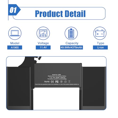 Image of A1965 Laptop Battery Replacement for MacBook Air 13 inch Retina A1932 (2018-2019) A2179 2020 (EMC 3184 3302), Laptop Battery A1965 11.4V 49.9Wh 4379mAh