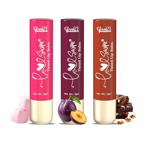 Image of Glam21 Love Swipe Tinted Lip Balm | Lip Care with Vit-C, HA, Ceramide & SPF 30 | Hydrates, Protects & Nourishes for Soft, Radiant Lips All Day | 3gm Each (Lush Plum, Pink Marshmallow & Brownie Fudge)