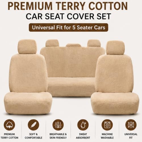 Image of Royal Bharmal Universal Fit Car Seat Cover Towel Set for 5 Seater Cars | 8 Piece Premium Terry Cotton Washable Seat Covers | Breathable Sweat Absorbent Seat Protectors (Beige)