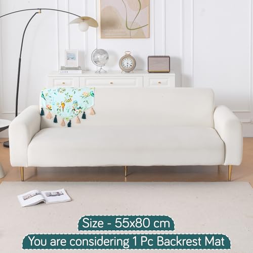 Image of HOKIPO Premium Sofa Backrest Cover Mat | Printed Holland Velvet with Tassels | 'Whispers of Nature' Mint Birdsong Blossom (IN-1116-D3)