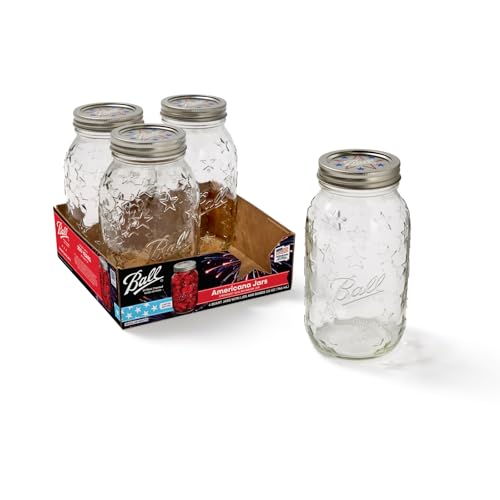 Ball Americana Regular Mouth Glass Mason Jars with Lids and Bands, Used for Canning, Pickling, Juice, Jam, Jelly, Quart Size 32 Ounce, 4 Count (Pack of 1)