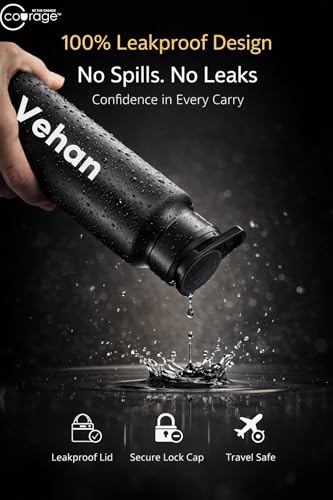 Image of COURAGE Stainless Steel Customize Sipper Water Bottle 1Liter Leak Proof for Fridge Home Office Travel School Kids Boys Girls Adults Sports Gym Yoga - Black
