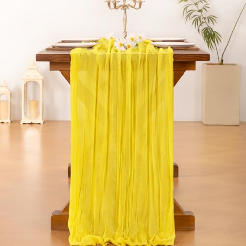 Image of Socomi 2pcs Yellow Spring Cheesecloth Table Runner Boho Rustic Gauze 120 inch 10FT Cheese Cloth Runner for Wedding Party Baby Shower Birthday Home Decor