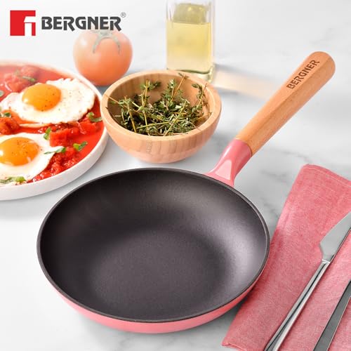 Image of BERGNER Excalibur Lightweight Cast Iron Frypan 20cm, Sturdy Wooden Handle, Non-Stick Coating, PFAS Free, Perfect Heat Distribution, Elegant Design - Induction and Gas Stove Ready (Pink)