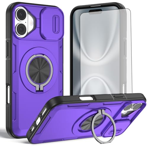 Coque iPhone 16 avec anneau magnétique protecteur écran verre trempé et support Asuwish