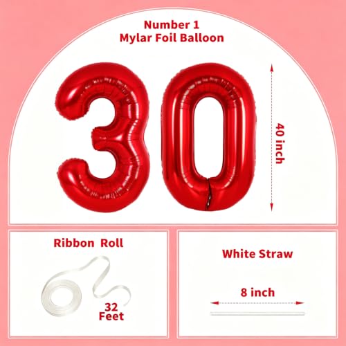 Image of Number Balloons Red Party Balloon - 40 Inch Large Number 30 Balloon, Numbers Balloon Birthday Decorations, Red Party Supplies for Anniversary