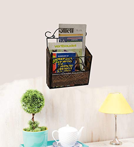 Image of Wood & Wrought Iron Modern Elegance Magazine Newspaper & Book Wall Rack for Home & Office, Black & Natural Finish, 38x28x11 cm