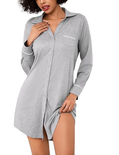 Bresdk Nachthemd Damen Langarm Baumwolle mit Knopfleiste Schlafshirt...