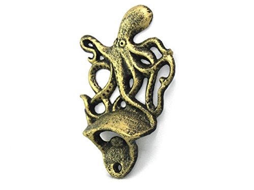 Hampton Nautical Antique Gold Cast Iron Wall Mounted Octopus Bottle Opener #TOP1