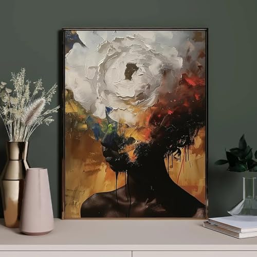 Affiche Toile Fille Africaine Fleurs Cheveux 80x110cm Peinture Salon Décoration Maison Sans Cadre