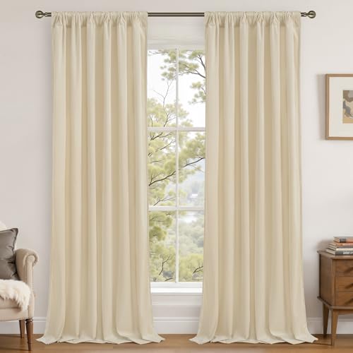 LAMIT Beige Velvet Curtains 90 Inches for Living Room, Elegant Thermal Insulated Panels Noise Reducing Back Tab and Rod Pocket Drapes for Bedroom/Farmhouse, 2 Panels, 52 x 90 Inch