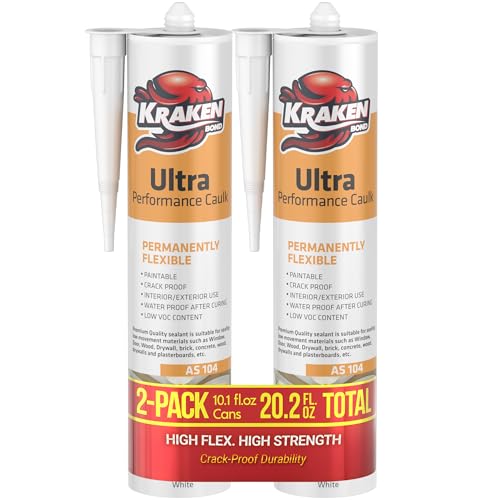 Kraken Bond Waterproof Acrylic Latex Caulk - (2x10.1 fl. oz) Window & Door Sealant, Ultra Performance White Paintable Caulk for Brick, Concrete, Wood, Crack Filler, Interior & Exterior | 2 Pack