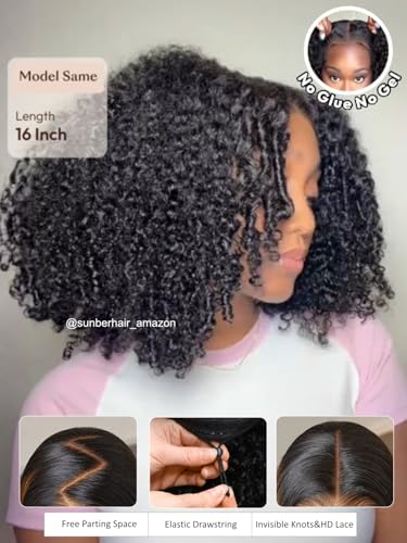 Image of Kinky Curly Human Hair Glueless Wigs Bye-Bye Knots 180% Density Pre Cut 7x5 Lace Front Middle Part Micro Twist Curly Wig with Finger Coils End for Natural Afro Texture Pre Plunked Knots 22Inch