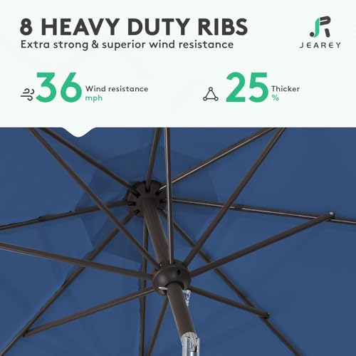 Image of JEAREY 9FT Outdoor Patio Umbrella Outdoor Table Umbrella with Push Button Tilt and Crank, Market Umbrella 8 Sturdy Ribs UV Protection Waterproof for Pool, Deck, Backyard, Garden (Blue)