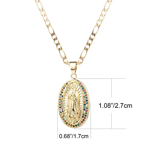 14K Gold Plated Guadalupe Virgin Mary Pendant Necklace for Women Men Two-layer White Color Zircon Inlay Oval Virgin Mary 3mm Flat Figaro Chain Necklace 18/22 inches2