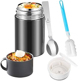 Food Flask, Waflyer 600ML Leakproof Soup Flask with Spoon Stainless Steel Vacuum Insulated Thermal Lunch Box Food Jar Food Container with Handle for Hot & Cold, School, Office, Picnic, Travel-Black
