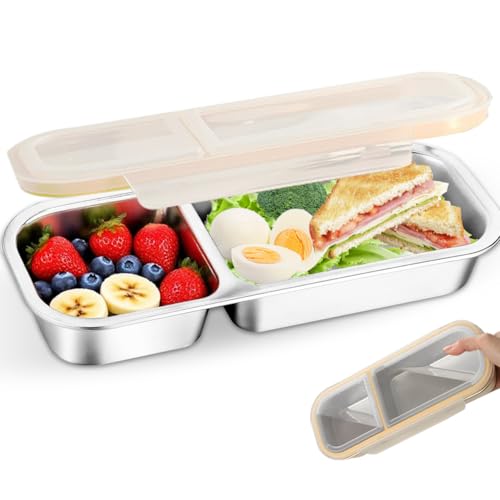 Zinueen Snackbox mit Fächern Edelstahl – 2-fach unterteilte Snackdose mit Deckel, auslaufsicher | Snackteller To Go für Kinder, Nüsse, Gemüse, Reisen & Picknick
