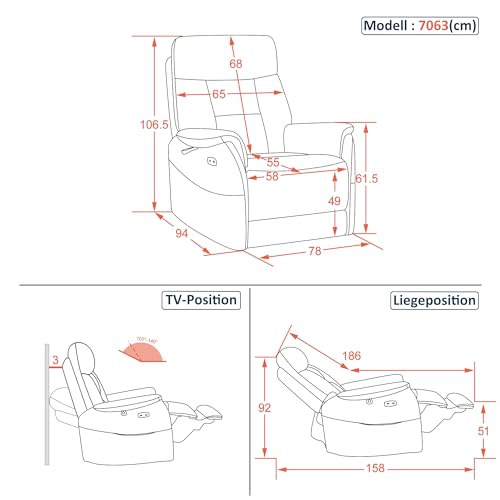 M MCombo Fernsehsessel Elektrisch Verstellbar, Relaxsessel mit Liegefunktion, Massagesessel 3 cm Wandnah, TV Sessel für Enge Räume, USB & Lendenkissen, Wohnzimmer, 7063 (Beigebraun) – Bild 4