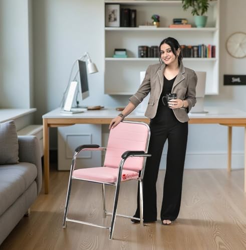 Image of GOYALSON Office Chair Visitor with arm Rest with Steel Frame and Cushioned seat Back Chair Without Wheels Chair (3, Pink, Heavy 1)