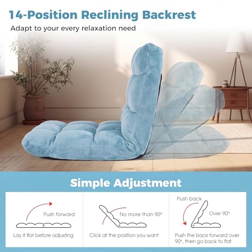 Image of COSTWAY Floor Chair, Video Gaming Chairs with Back Support, Adjustable 14-Position, Alloy Steel Frame, Soft Coral Fleece, Lazy Sofa Lounge for Reading Living Room Recliner for Adults Kids (Mint Blue)