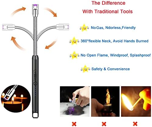 GNAWRISHING Candle Lighter, 360°Flexible Neck Avoid Hands Burned, USB Rechargeable Lighter with Safety Switch and Led Battery Display, Windproof Electronic Long Lighter for Candles, Gas Stove, BBQ