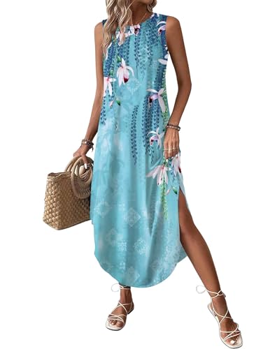 Image of Zeagoo Women Floral Summer Casual Beach Printed Tank Dress with Pockets Pleated Front Long Dress
