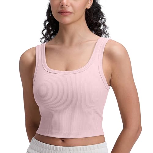 Image of CRZ YOGA Ribbed U Neck Crop Tank Tops | Medium Support, Removable Pads, Casual, Wide Straps, Longline Sports Bras for Women