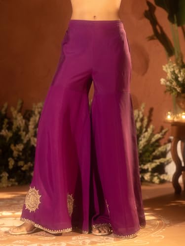 Image of FIORRA Women's Purple Viscose Chanderi Gotta Patti Work Ethnic Straight Kurta Set with Dupatta