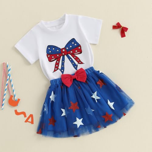Kayotuas Toddler Baby Girl 4th of July Outfit American Flag Shirt Red Blue Stars Tulle Tutu Skirts Kids Fourth of July Dress3