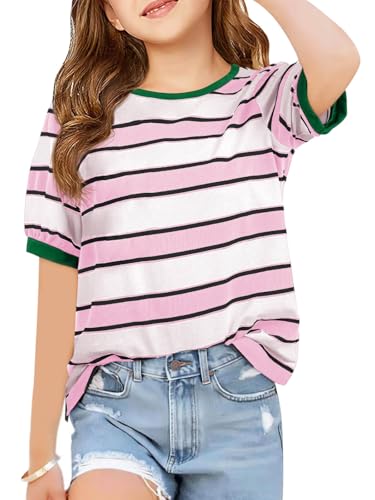 Haloumoning Girls Striped Short Sleeve T Shirts Kids Summer Casual Tops Crewneck Tees Blouses 5-14Y Pink