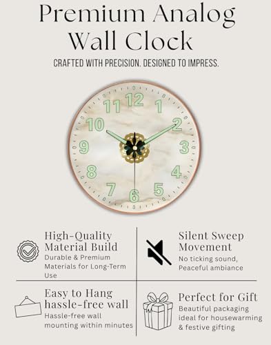 Image of WHISKET - 12 Inch | Luxury Designer Radium Wall Clock with Night Glow Numbers - Silent Analog Clock with Elegant Floral Design for Living Room, Bedroom & Office Decor.(Radium Cream - Shell Round)