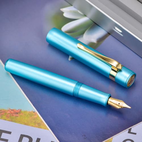 Image of HONG DIAN M2 Black Forest Mini Fountain Pen with Long Blade Tip and Slim Shape Aluminium Short Pocket Travel Pen (Lake Blue)