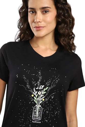 Image of Van Heusen Women Lounge V-Neck Regular Fit Casual Style T-Shirt - Cotton Spandex - Short Sleeve,Ultra Soft, Printed