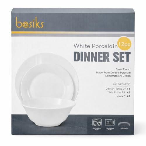 White Porcelain Dinner Set 12 Piece | 4 Dinner Plates 9", 4 Side Plates 7.5", 4 Bowls 7" | Dishwasher & Microwave Safe