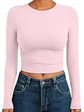 Trendy Queen Womens Long Sleeve Crop Tops Basic Slim Fitted Shirts Casual Fashion 2025 Going Out Y2k Tops Teen Girl Clothes Pink XS